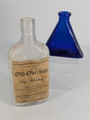 Lot 2 Vintage Glass Bottles Old Oberholt Rye Whiskey Bottle + Blue Glass