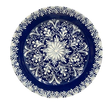Ceramic Hand-Painted Folk Art Navy and White Decorative Plate