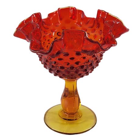 Fenton Amberina Glass Hobnail Compote with Ruffled Crimped Edge