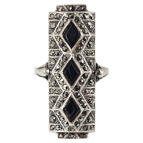 Sterling Silver Art Deco Marcasite & Black Onyx Ring, Sz 5.75