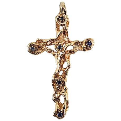 Vintage Gold Tone Blue Spinel Abstract Cross Pendant