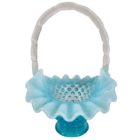 Vintage Fenton Blue Opalescent Hob Nail Ruffled Edge Art Glass Basket
