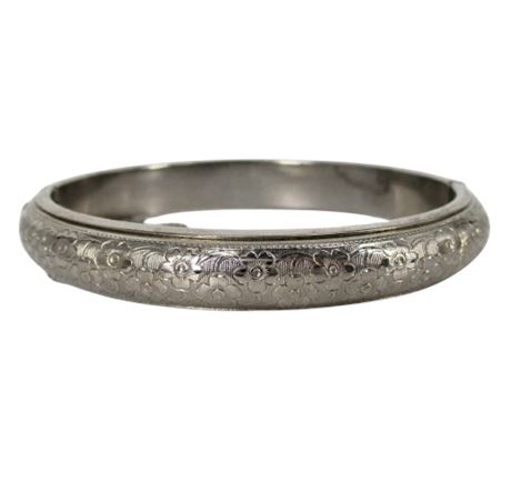 Silver Tone Etched FLORAL Hinged Bangle Bracelet