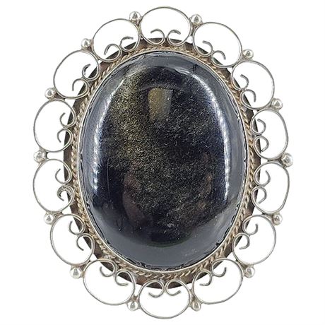 Vintage Sterling Silver Gold Sheen Black Obsidian Brooch/Pendant