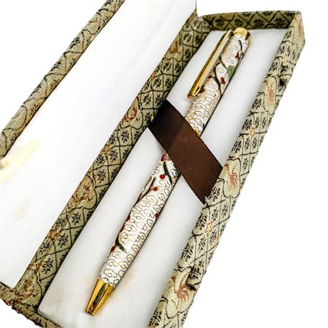 Vintage Cloisonné Floral Ballpoint Pen with Decorative Presentation Case