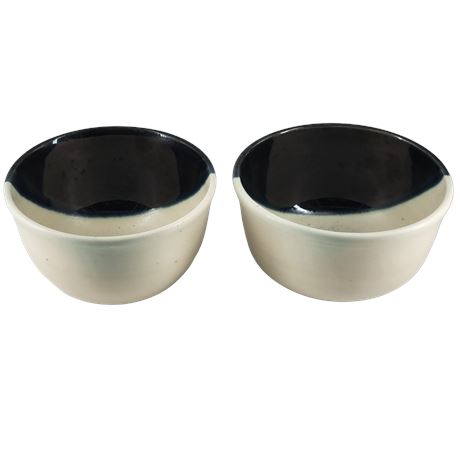 Black & White Glazed Signed Pottery Bowls - Set of 2