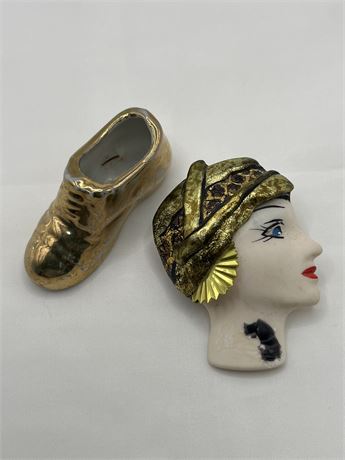 Flapper lady had brooch and porcelain mini shoe lot