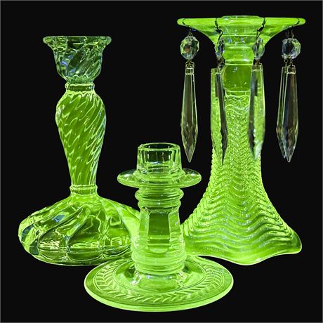 Lot of Three Vintage UV Reactive Glass Candlesticks