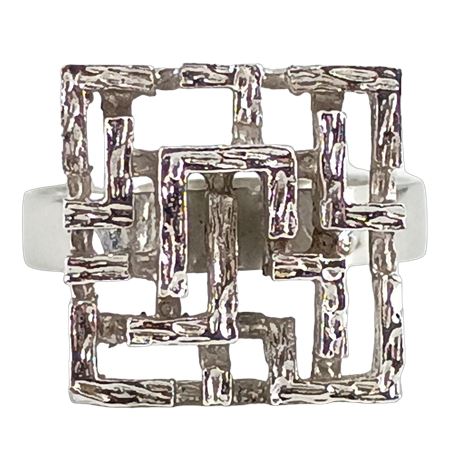 925 Sterling Silver Geometric Openwork Ring, Modernist Square Grid Statement Ban