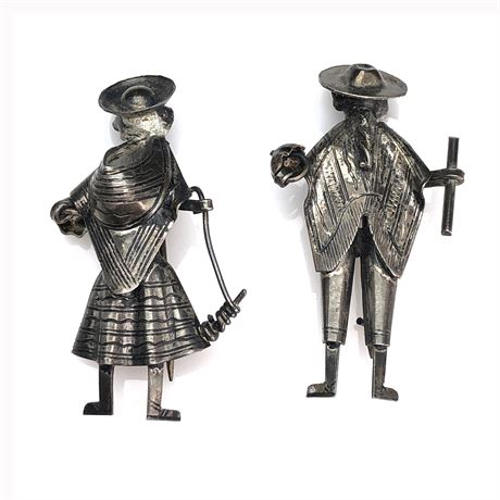Vintage Silver Mexican Peruvian Man & Woman Couple Folk Art Brooches