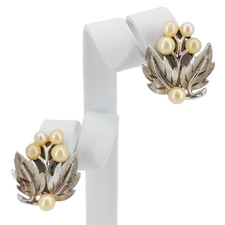 Vtg CROWN TRIFARI Faux Pearl & Leaves Clip Earrings