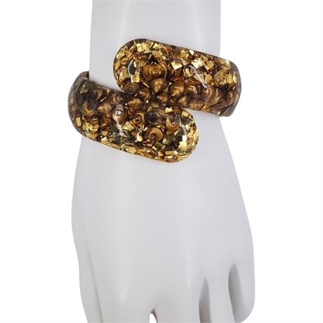 Mid-Century Gold Confetti & Shells Lucite Clamper Bracelet