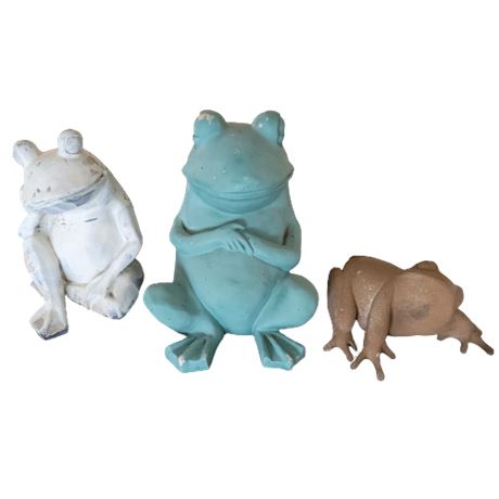 Green, White, and Tan Frog Lawn Statues, Lot of 3