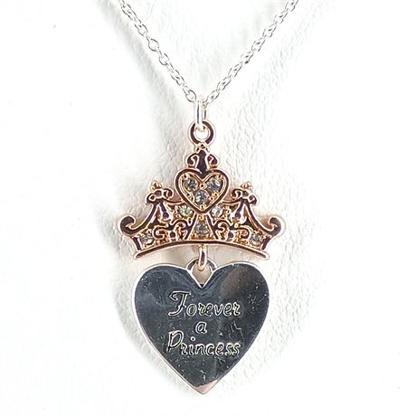 Disney “Forever a Princess” Crown Heart Necklace – Rhinestone Tiara Pendant