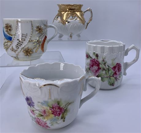 4 Antique Porcelain Mustache Mugs, London Souvenir Cup