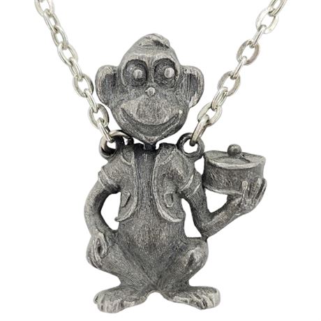 Vintage PARK LANE Swiveling Head Pewter Monkey Pendant Necklace