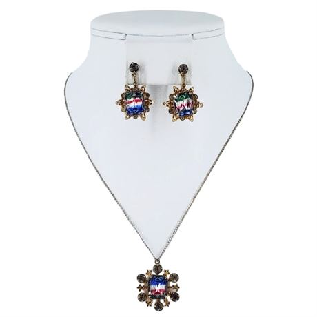 Vintage Rhinestone & Cuba Glass Necklace & Screwback Earrings Set