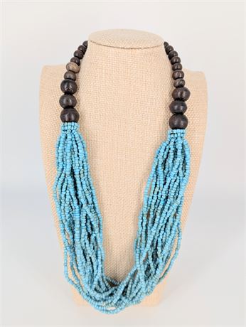 Wood & Turquoise Blue Beads Necklace