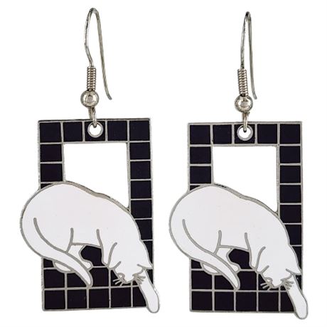 Vintage 80s Geometric Black & White Enamel Cat Earrings