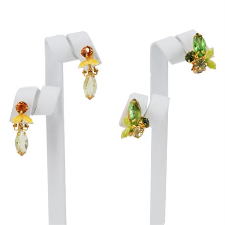 Two Pairs Vintage Rhinestone Navette Clip Earrings