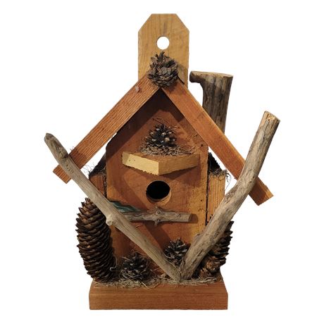Wooden Bird House w/ Pine Cone Accents