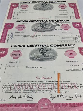 6 1970s Pan American & Penn Central Company Stock Certificates