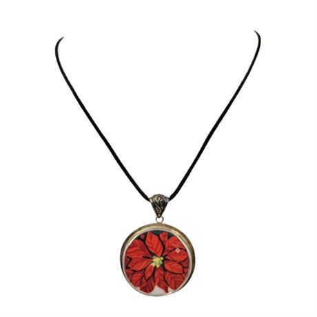Sterling Silver Rimmed Porcelain Poinsettia Charm Necklace