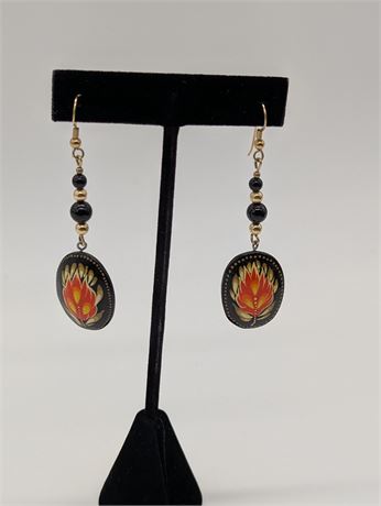 Mexican Hand painted Wood + Beads Earrings Red Flower