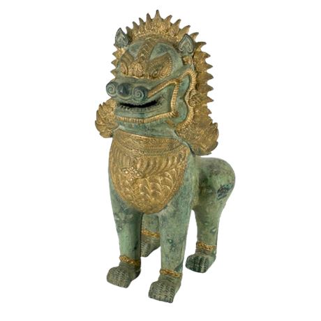 Khymer Singha Gold Gilt Verdigris Guardian Temple Lion Bronze Statue
