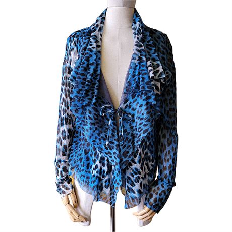 Fuzzi by Jean Paul Gaultier Blue Leopard Print Mesh Tie Front Ruffle Top