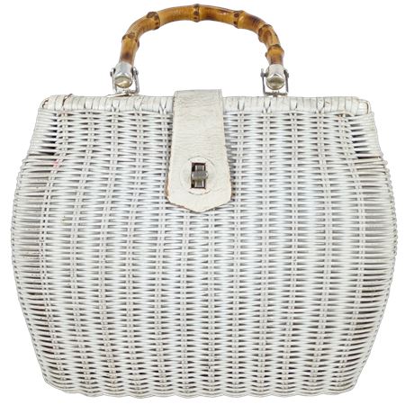 Babette Handmade Large White Wicker Handbag with Bamboo Handles