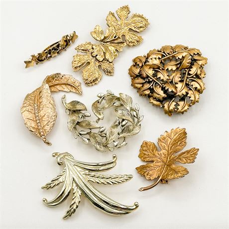 Lot of 7 Vintage Gold & Silver Tone Leaf Brooches