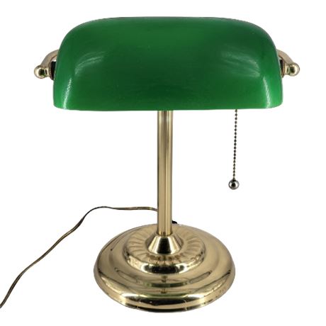 Brass Bankers Desk Lamp w/ Green Cased Glass Shade & Pull Chain