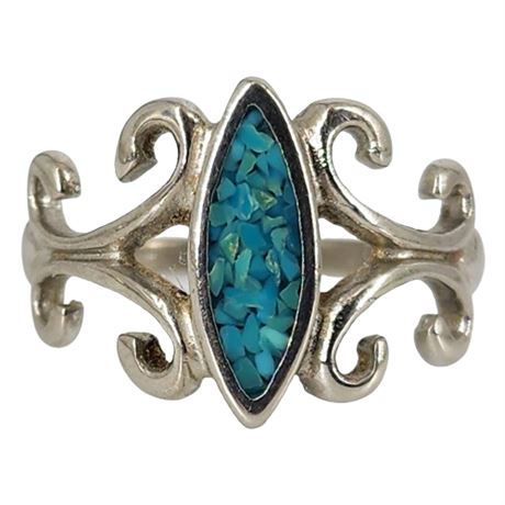 Vintage Silver Tone Crushed Turquoise Mosaic Ring, Sz 7