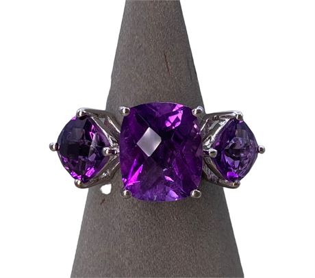 NEW 4.5 CTW Amethyst & Sterling Silver Triple Stone Ring