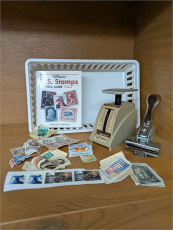 Used Stamp Lot w/3 plastic small bins & scale