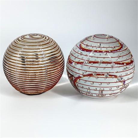 Pair of Spiral Art Glass Paperweights – Striped Design, One Marked KSU