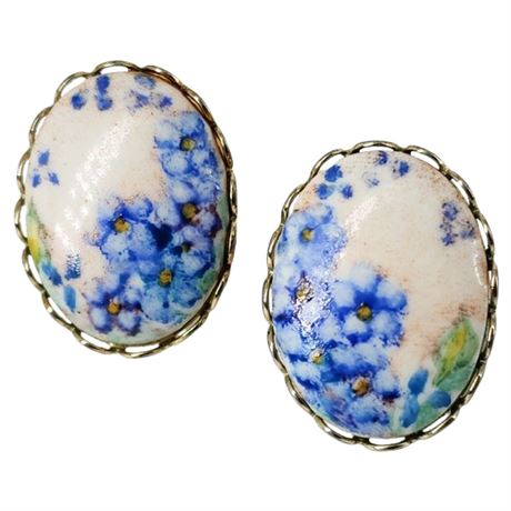 Vintage Hand Painted Porcelain Floral Screwback Earrings