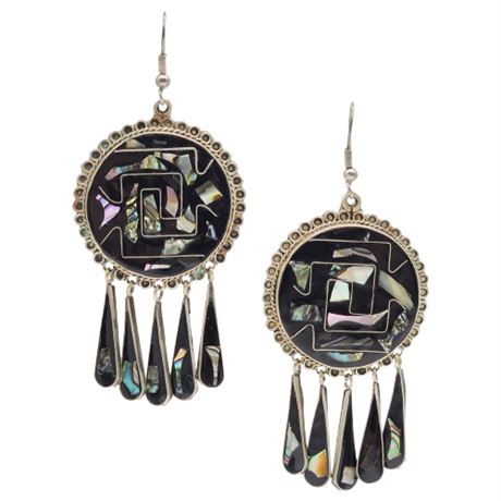 Vintage Mexican Alpaca Silver Abalone Inlay Fringe Earrings