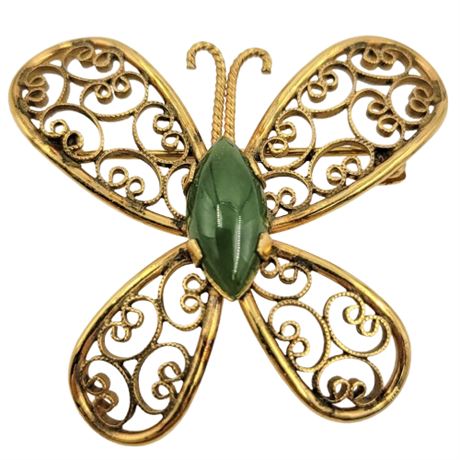 Vintage Signed 12k Gold Filled A&Z Jade Stone Filigree Butterfly Brooch