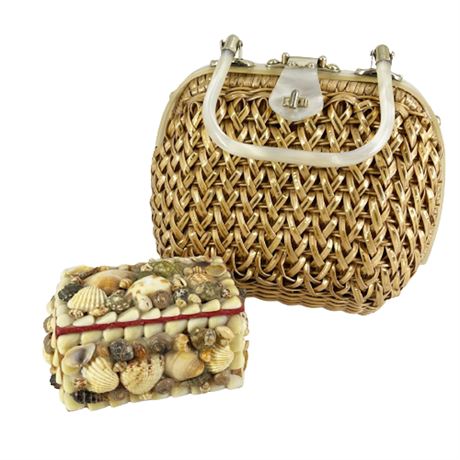 Vintage Stylecraft Ladies Woven Handbag & Shell Trinket Box