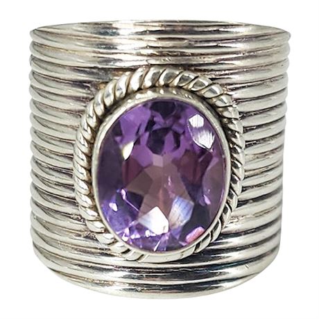 Signed PTI Ribbed Sterling Silver Amethyst Ring, Sz 8