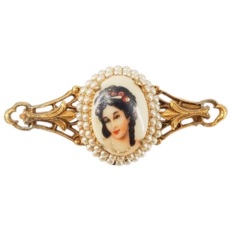 Vintage LIMOGES Porcelain Portrait & Faux Pearl Brooch