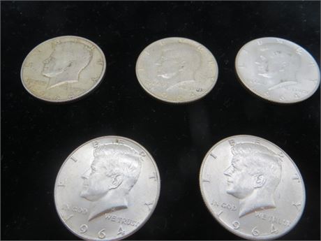 Five 1964 D Kennedy Half Silver Dollars
