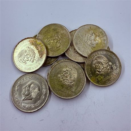 10 BU 1953 Hidalgo 5 Peso Silver Coins