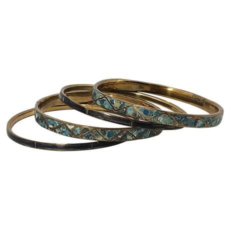 Four Vintage Inlaid Brass Bangle Bracelets
