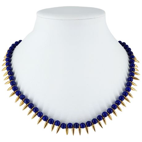 Vintage Lapis Lazuli & Gold Tone Spiked Necklace