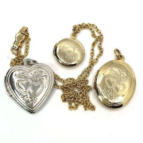 (3) Vintage Lockets Heart, Oval & Round