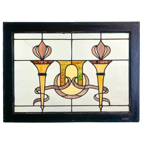 Vintage Stained Glass Window with Flambeau Design