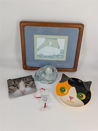 Lot Cat Decorative Items - Picture, Candleholder, and more